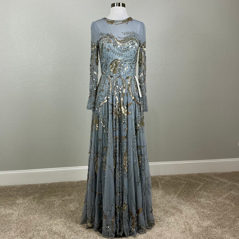Mac Duggal 5217 Silver/Gold Evening Gown Sequin Long Sleeve A-Line Dress Size 6 - Picture 2 of 11